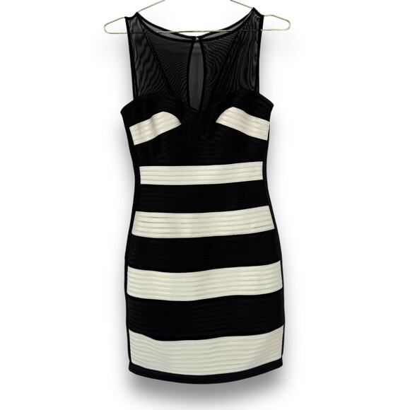 BCBGMaxazria Black White Stripe Satin Mesh Mini Cocktail Dress, Size 2 Y2K VTG - Picture 1 of 7
